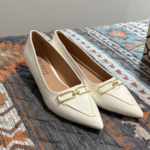 Journee Collection Shoes - Journee Collection Cream Patent Pointed Toe Flats with Gold Bit